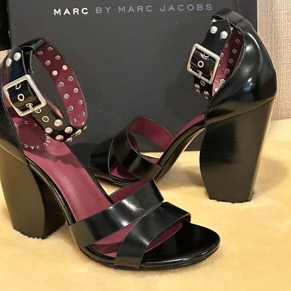 Marc Jacobs Jamie Stud Strap Half Moon Sandal Hight Heel Shoes US 7,5 EU37,5 - Picture 1 of 14